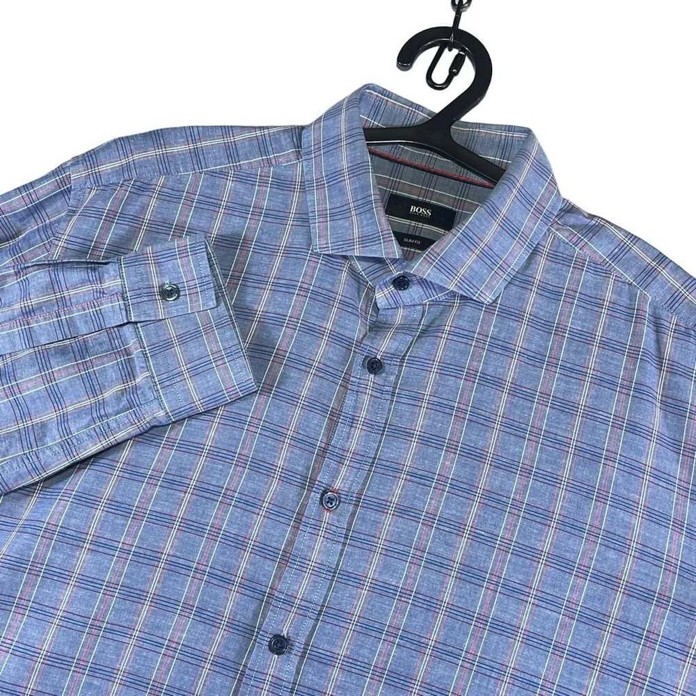Hugo Boss Slim Fit Men's Blue Plaid Cotton Long Sleeve Button Up Shirt Sz XL